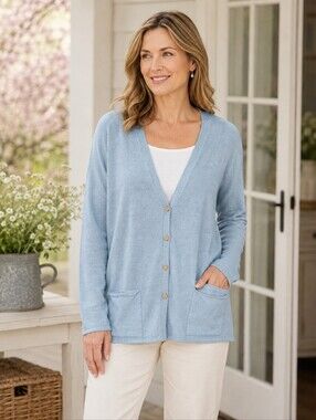 J. Jill Long Sleeve Linen Blend Lt Blue Cardigan Size M Cottage Easter Spring